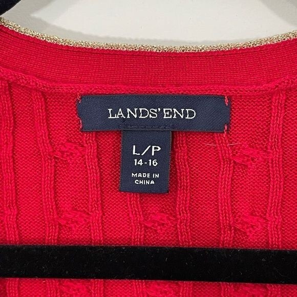 Lands' End Women's Cable Knit Gold Contrast Trim V-Neck Cardigan Sweater Red PL - Picture 4 of 7